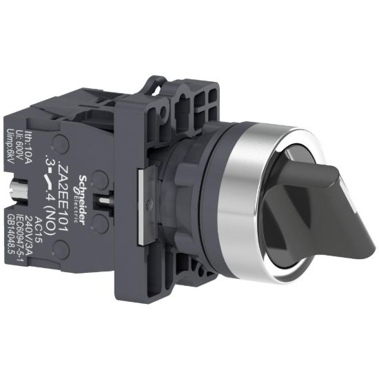 Picture of Complete selector switch, Easy Harmony XA2, plastic, black, 22mm, 3 positions, spring return to center, 2NO