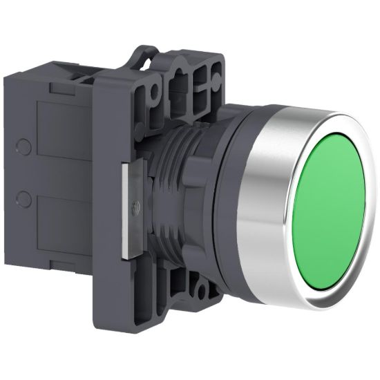Picture of Complete push button, Easy Harmony XA2, plastic, flush, green, 22mm, spring return, unmarked, 1NO